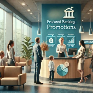 A modern, family-friendly banking environment representing featured banking promotions, with a welcoming bank representative interacting with customers of various ages. The scene uses a color palette of blues and greens, with seasonal accents like soft oranges and warm yellows to symbolize trust, stability, and financial opportunity.