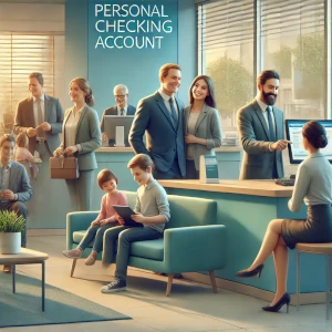 A modern banking environment depicting a diverse group engaging in personal checking account activities, including a person smiling at a tablet and a friendly bank representative assisting a customer. The setting uses a color palette of blues and greens, with seasonal accents like warm yellows and soft oranges to convey warmth and professionalis